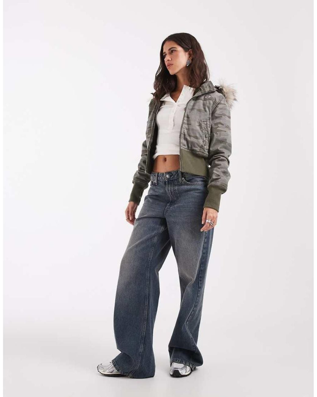 Hollister Gray Cropped Twill Puffer Jacket With Faux Fur Hood