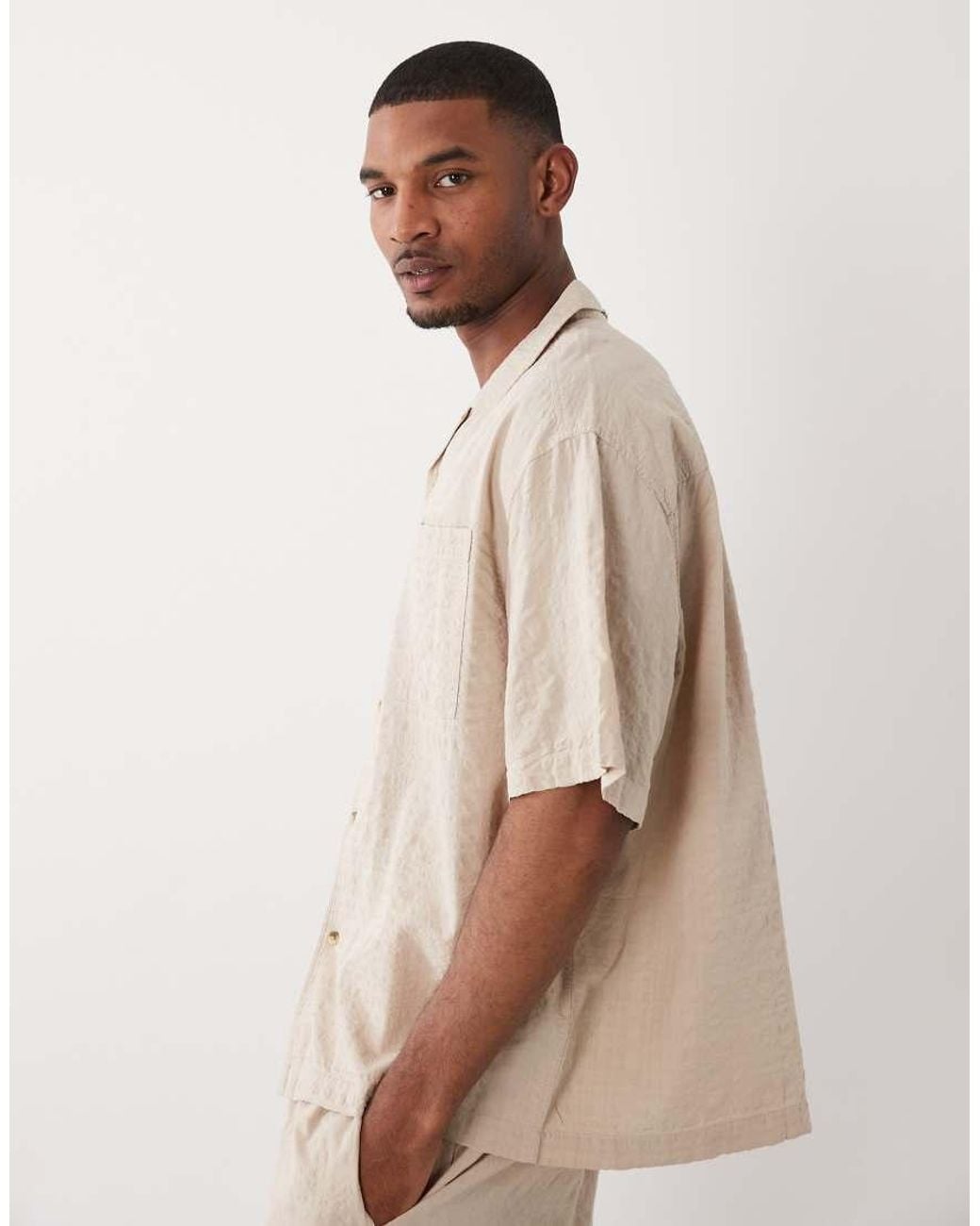 ASOS Natural Co-Ord Oversized Revere Seersucker Shirt for men