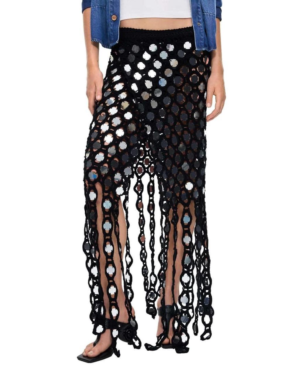 Desigual Blue Crochet Pareo With Sequins