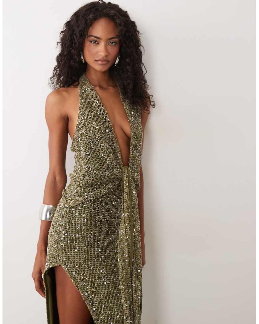 Murci Green Halterneck Plunge Drape Knot Detail Knit Sequin Maxi Dress