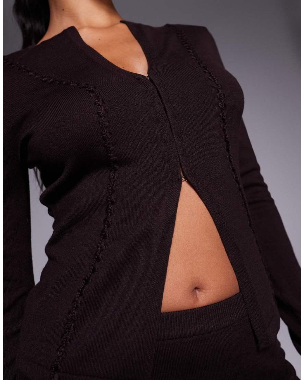 Kaiia Brown Exclusive Knitted Long Sleeve Split Front Clasp Detail Top Co-Ord