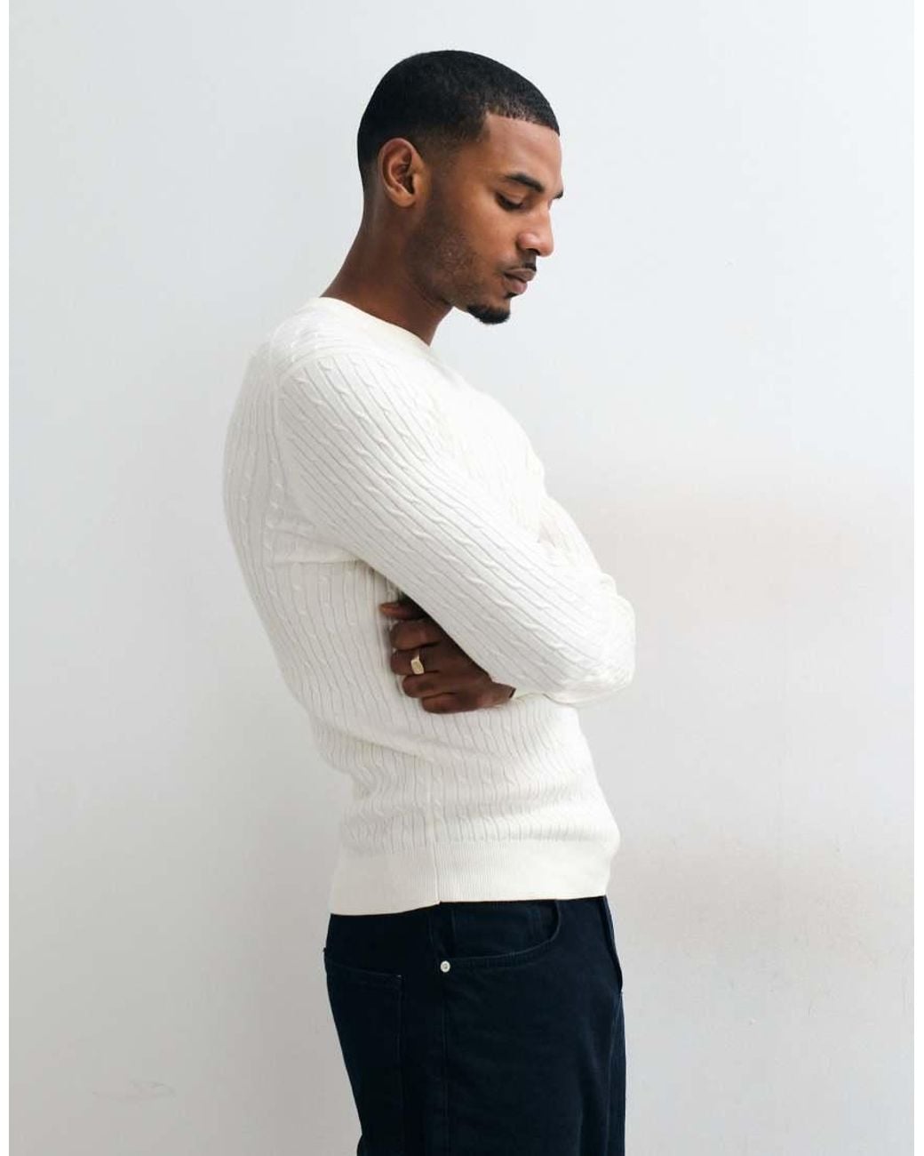 Mango White Cable Knit Sweater for men