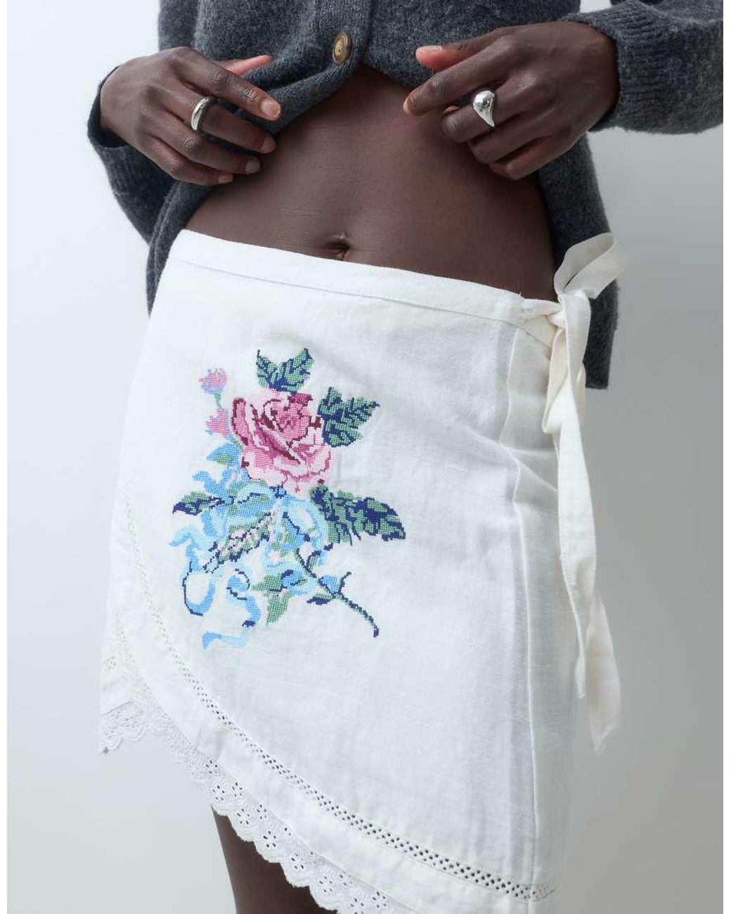 Muse Assembly Blue Etta Embroidered Wrap Front Mini Skirt Set