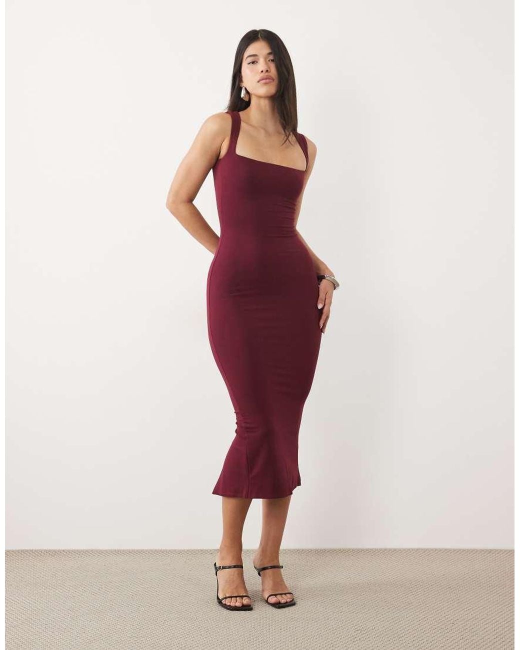 Oh Polly Red Modal Square Neck Bodycon Midi Dress