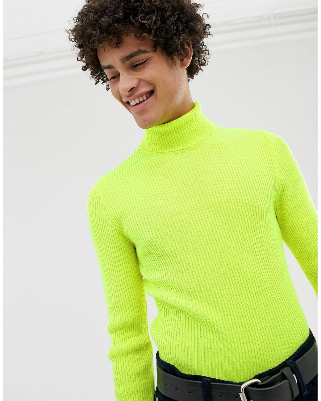 Pull col roule moulant cotele Jaune fluo ASOS pour homme en coloris Vert Lyst