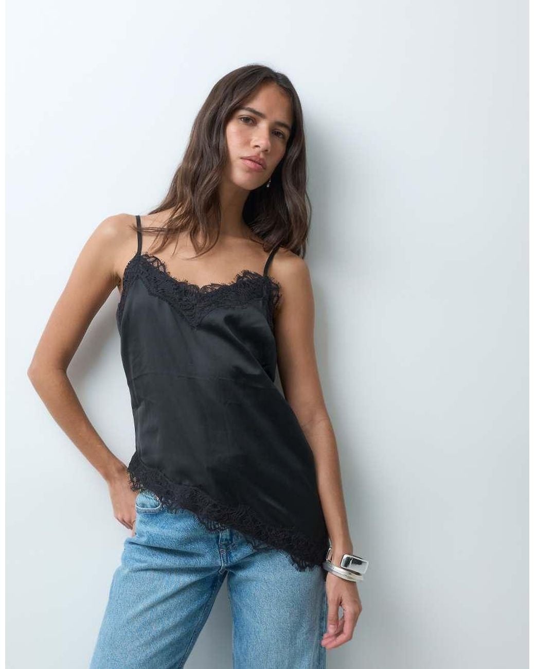 New Look Blue Longline Asymmetric Lace Trim Satin Cami Top