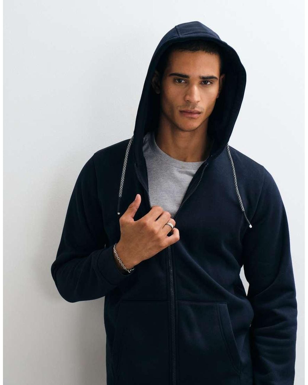 Brave Soul Blue Zip Through Hoodie With Drawcords for men