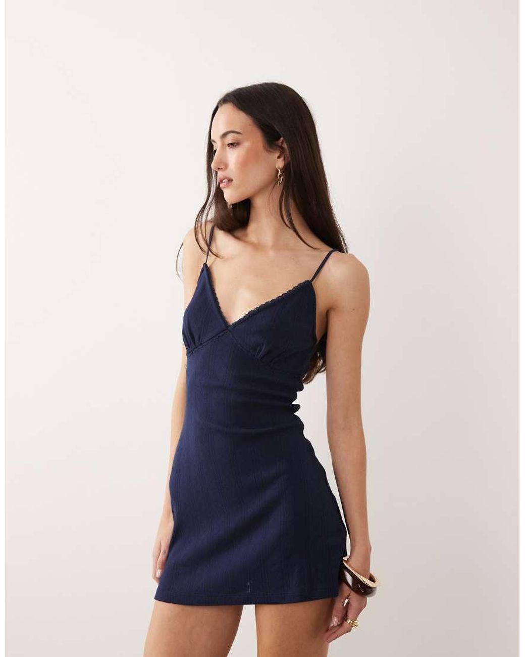 GOOD AMERICAN Blue Cotton V-neck Pointelle Cami Mini Dress With Adjustable Straps