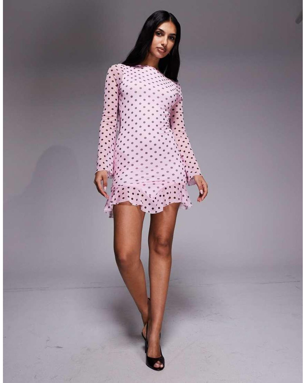 Kaiia Purple Exclusive Slinky Long Sleeve Ruffle Hem Open Back Mini Dress