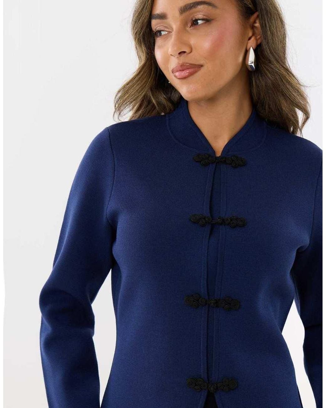 Threadbare Blue Curved Hem Mandarin Style Cardigan