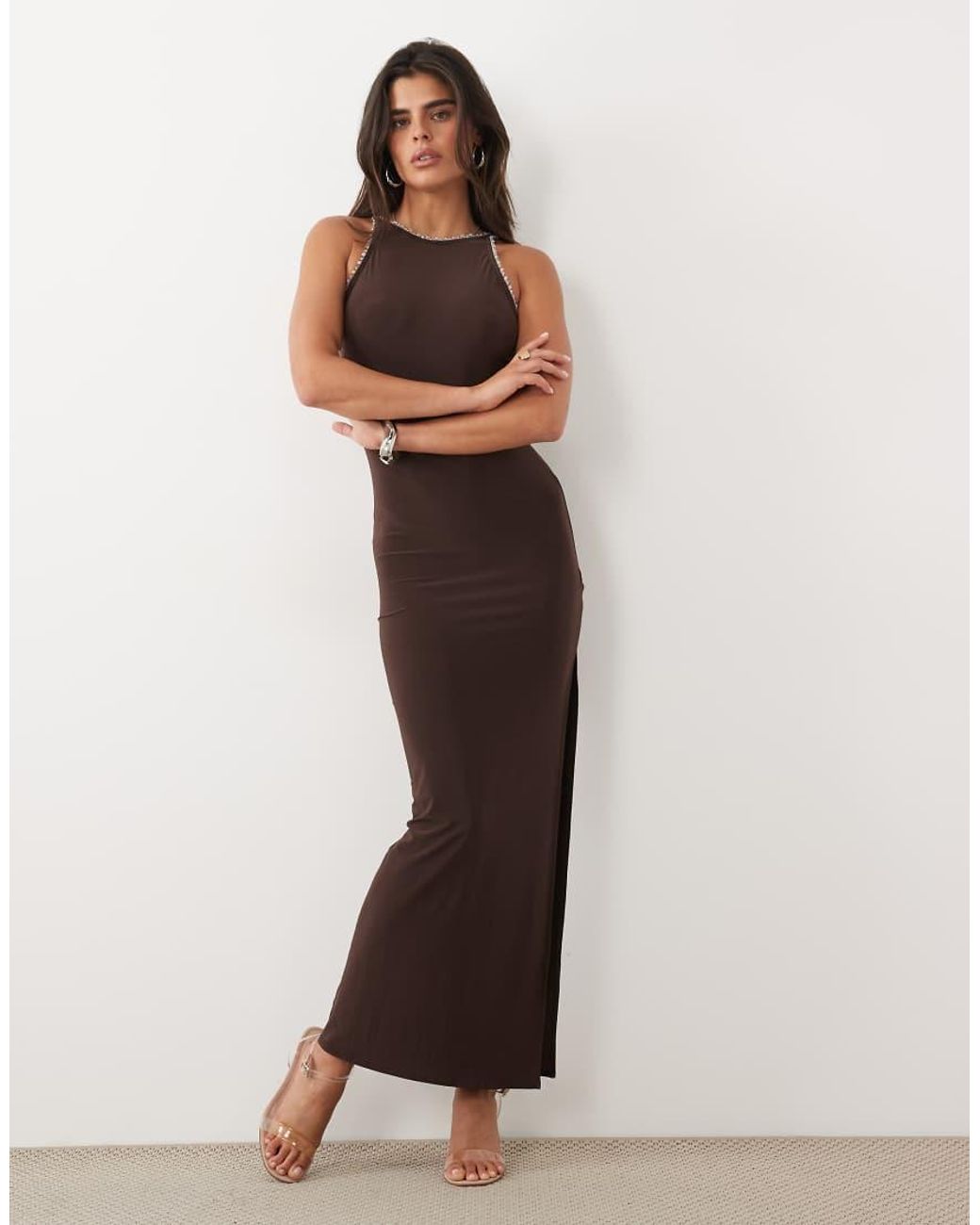 ASOS Brown Racer Maxi Dress With Trim Detail