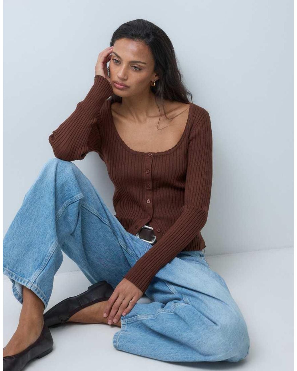 Miss Selfridge Brown Rib Knit Scoop Neck Button Through Top