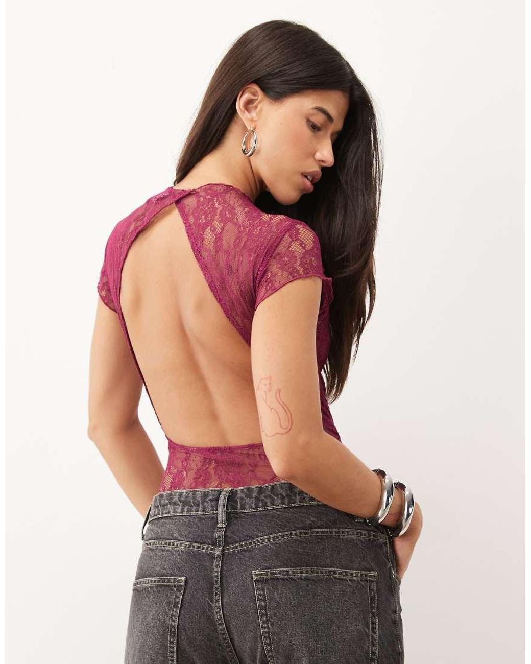 ASOS Red Lace Bodysuit With Flutter Sleeve