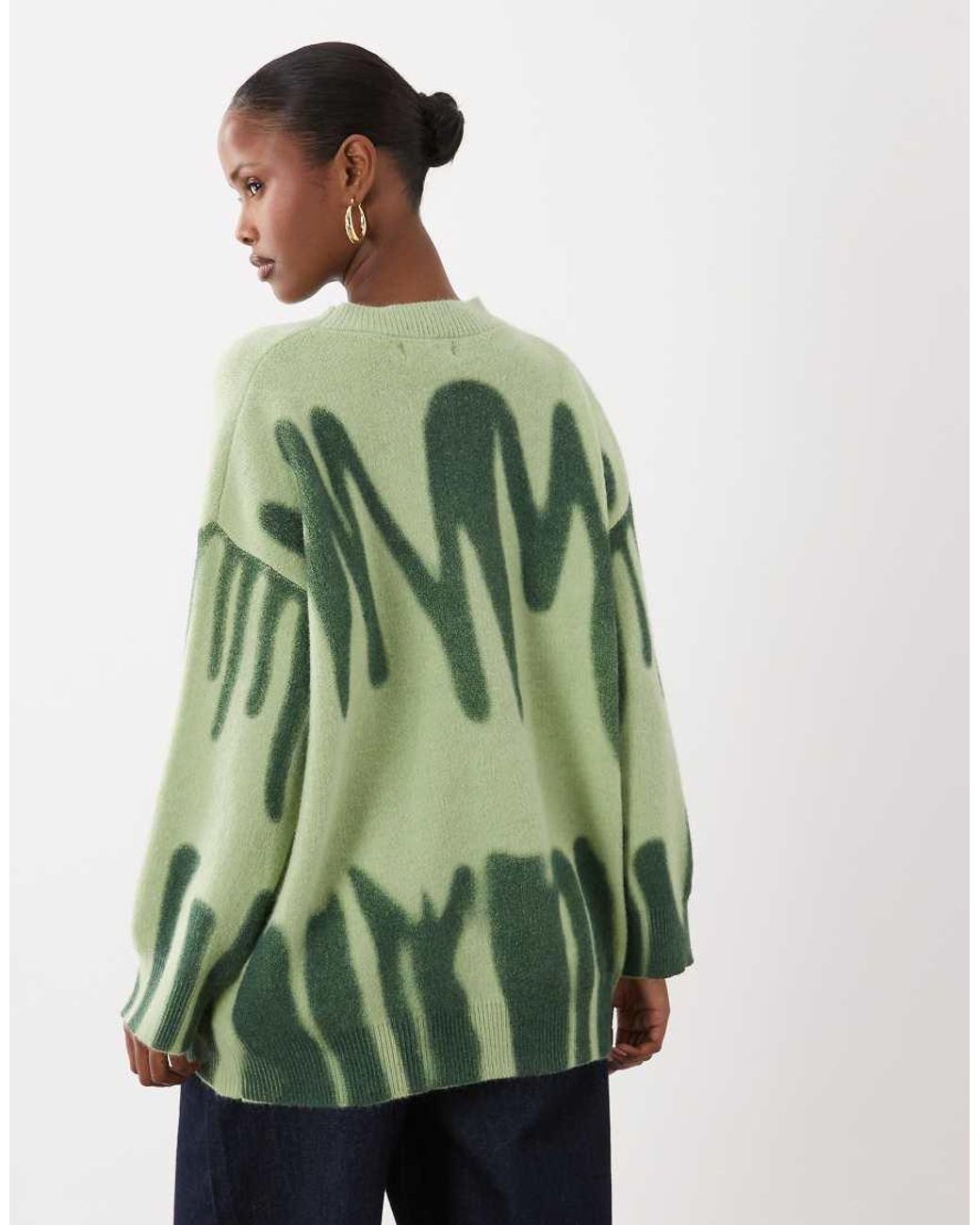 Kiwi & Co Green Poplar Crew Neck Paint Spill Look Oversized Sweater