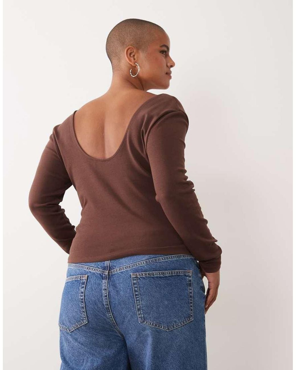 ASOS Brown Asos Design Curve Compact Cotton Long Sleeve Top With Curved Neckline