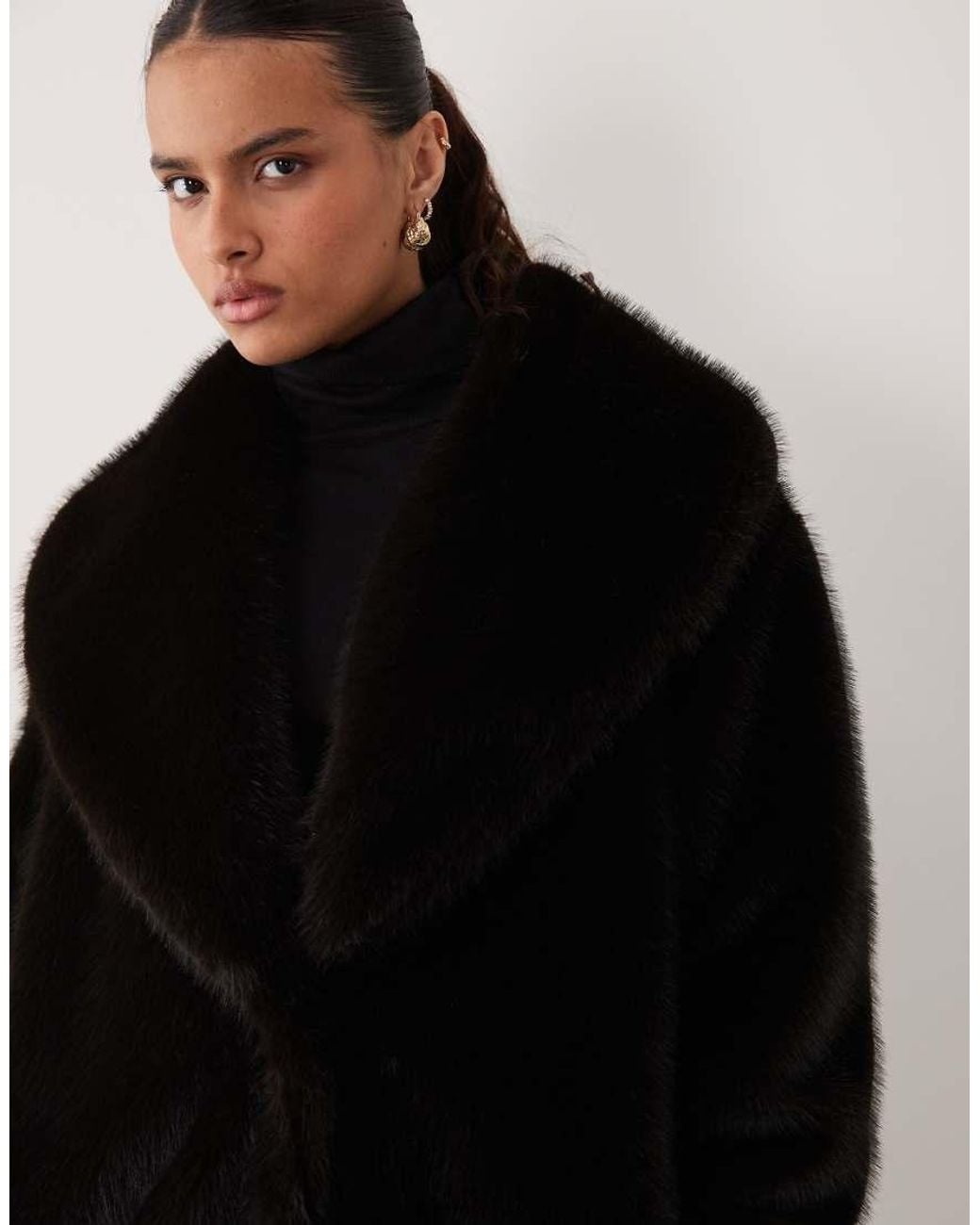 ASOS Black Longline Funnel Neck Faux Fur Coat
