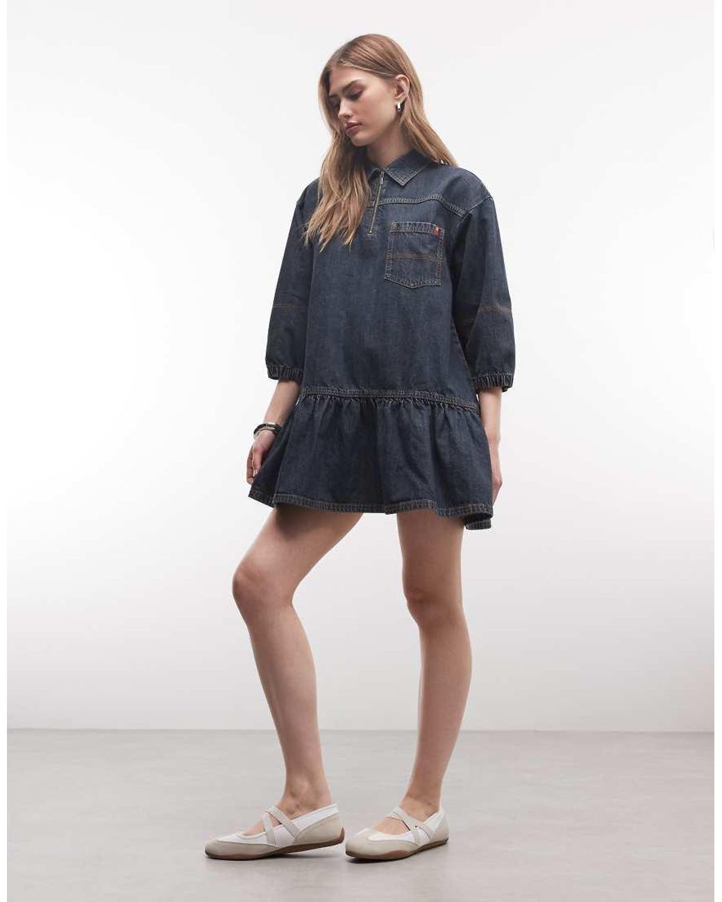 Collusion Blue Smock Dress With Puff Sleeves