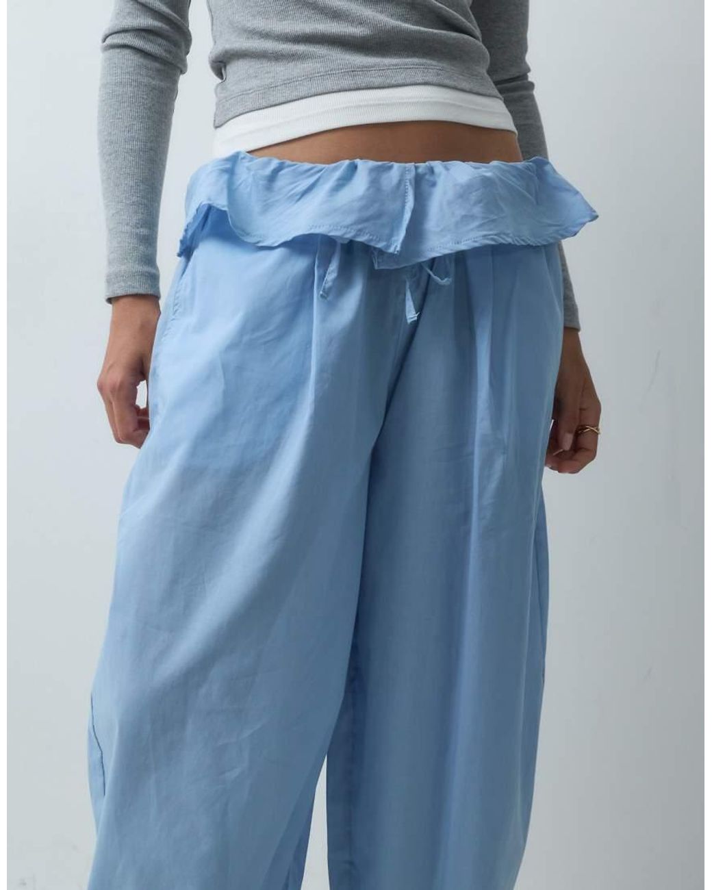 ASOS Blue Poplin Fold Over Pleated Wide Leg Trouser