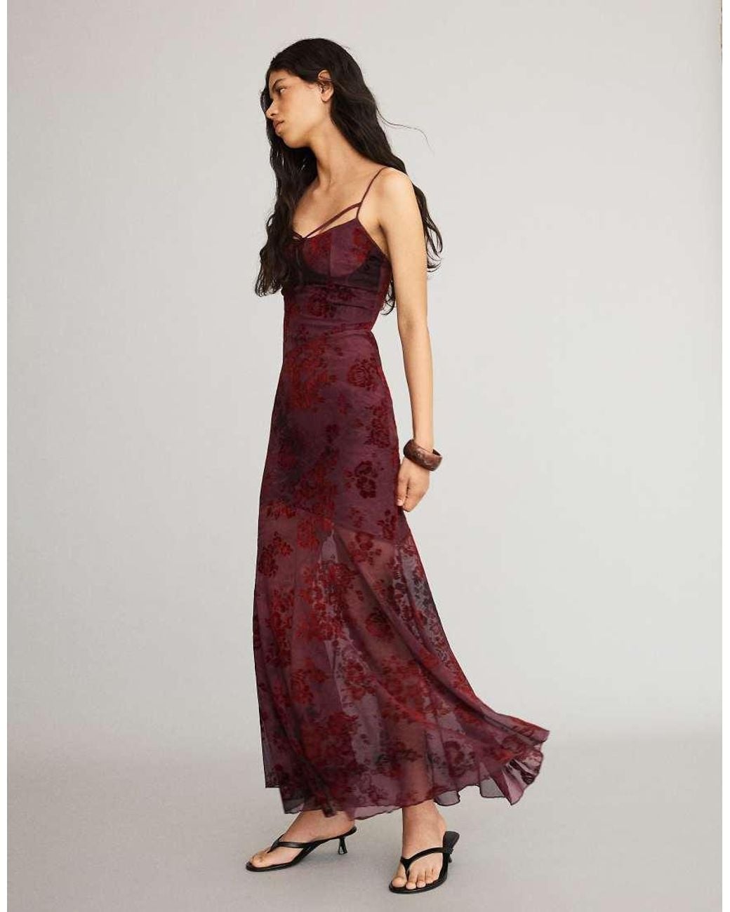 Bershka Red Flocked Tulle Midi Dress With Straps