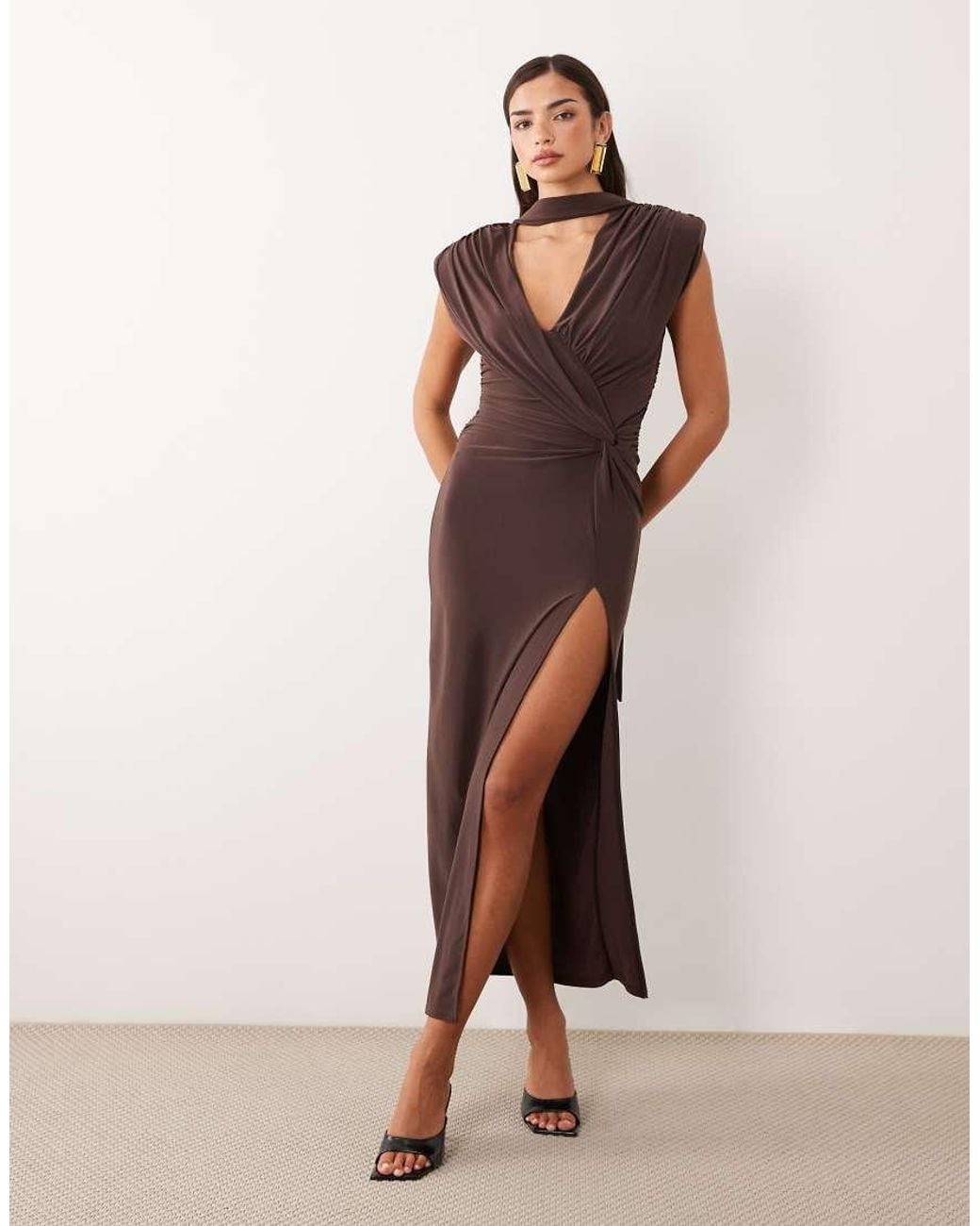 ASOS Brown Shoulder Pad Maxi Dress