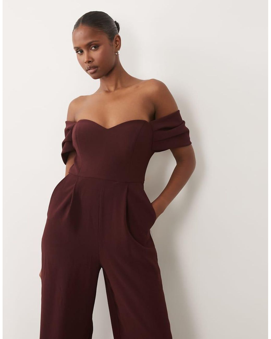 Forever New Purple Off Shoulder Corset Detail Wide Leg Jumpsuit
