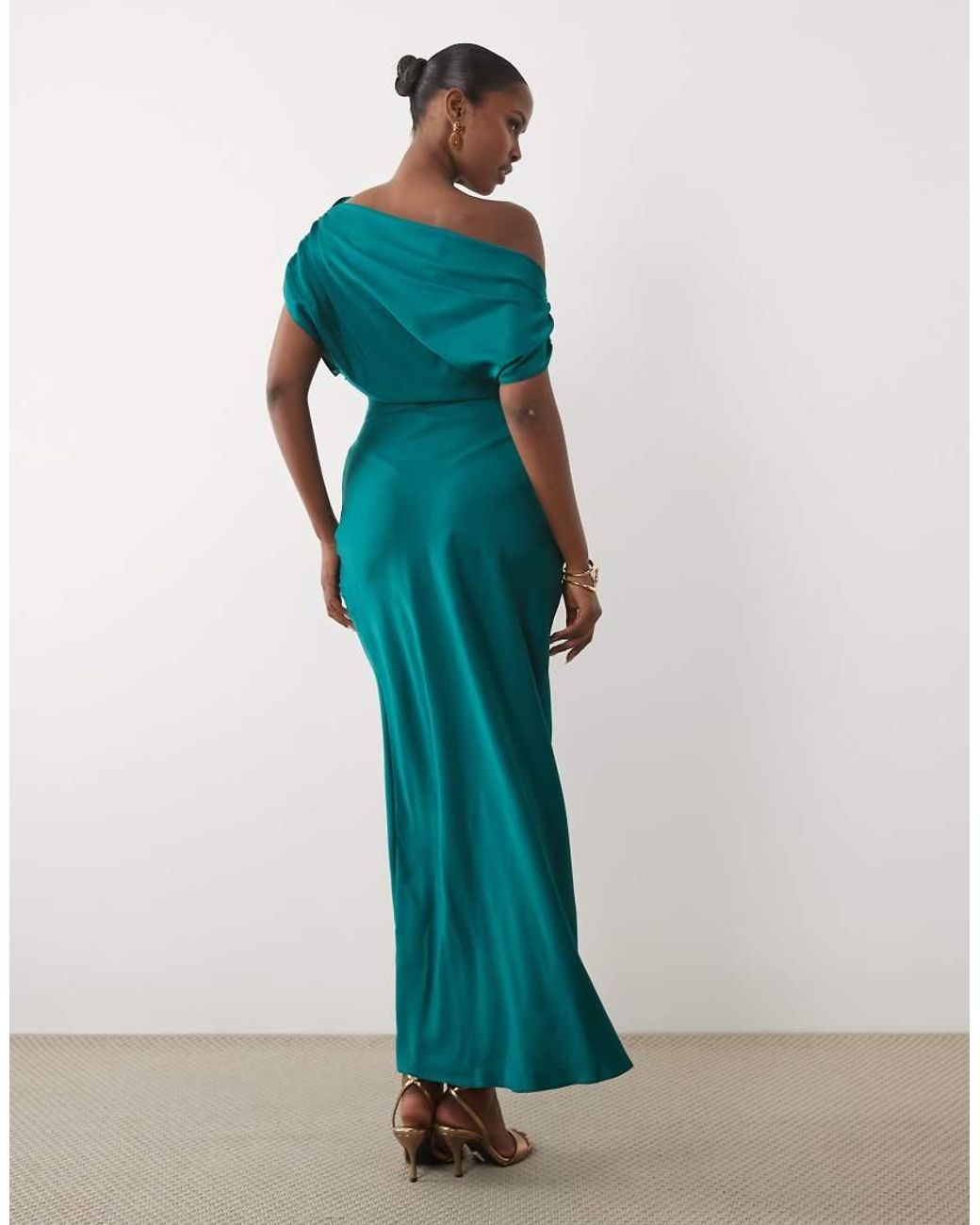 ASOS Green One Shoulder Asymmetric Satin Maxi Dress