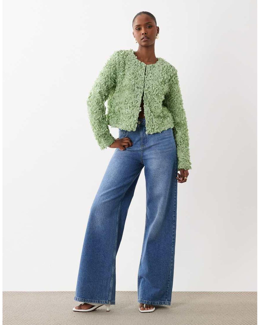 Vila Green Floral Jacquard Clasp Front Top