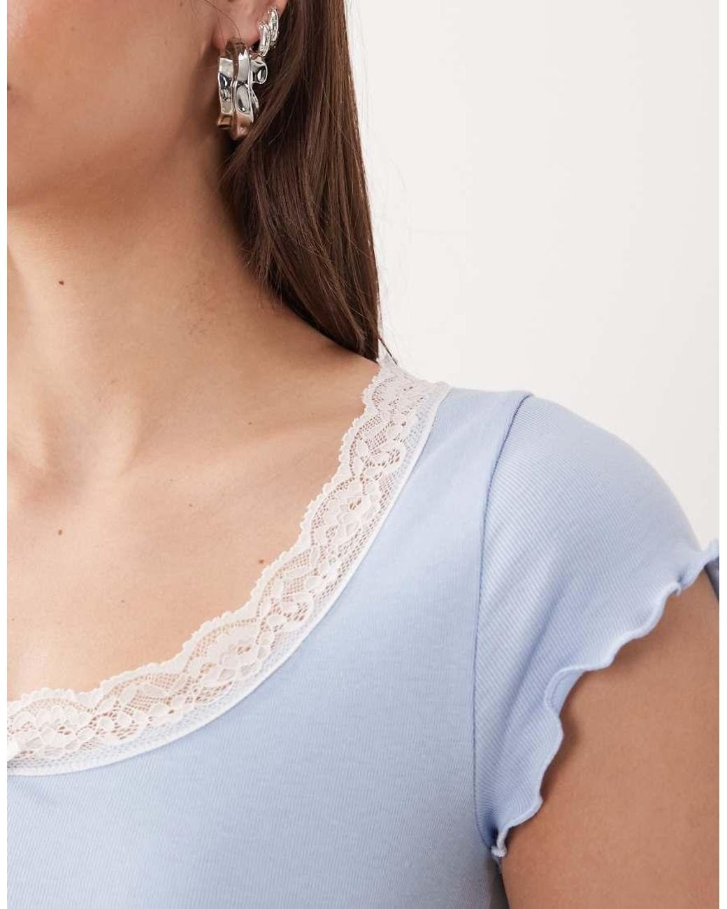 Miss Selfridge White Scoop Neck Fitted Rib Top With Lace Trim