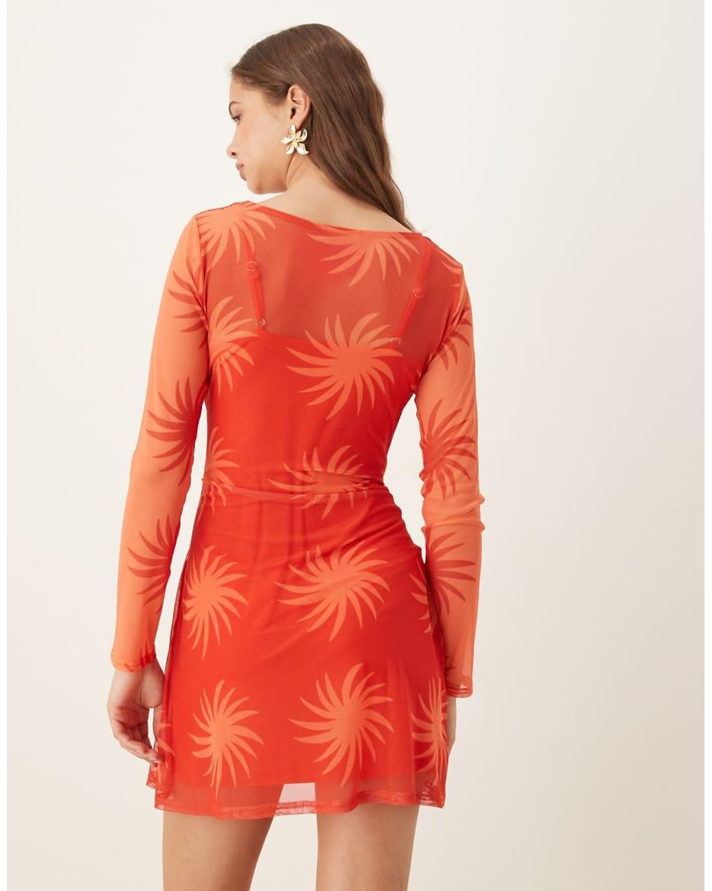 Never Fully Dressed Orange Long Sleeve Mesh Mini Dress