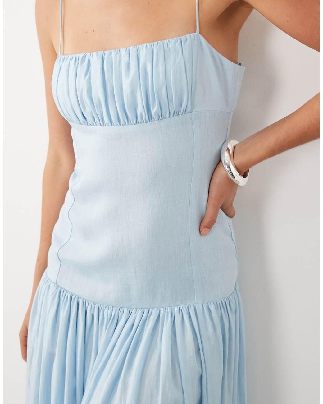 Mango Blue Ruched Strappy Maxi Dress