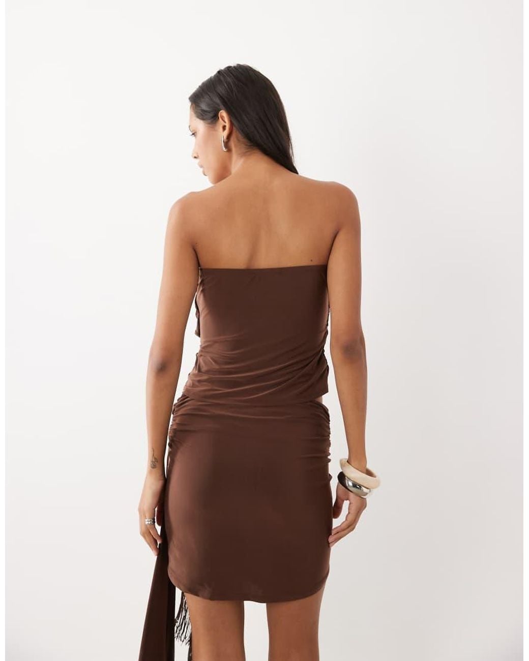 ASOS Brown Co-Ord Slinky Bandeau Crop Top With Fringe Drape Detail