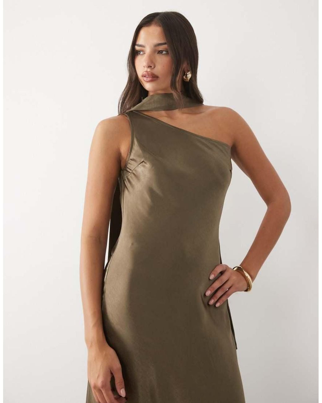 TFNC London Natural Satin One Shoulder Maxi Dress With Scarf