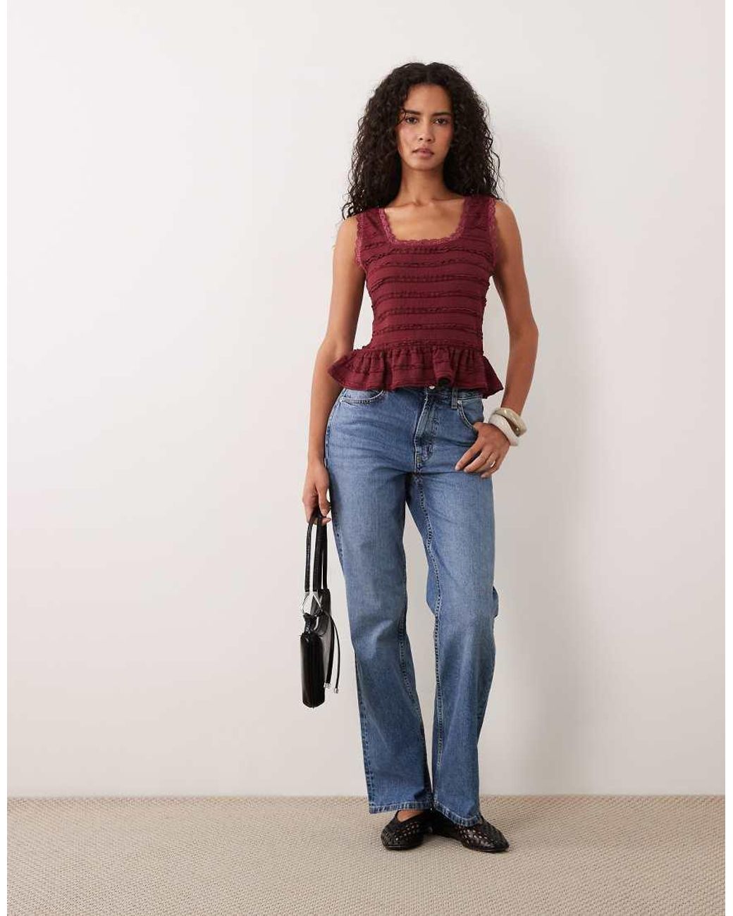Miss Selfridge Square Neck Textured Top With Peplum Hem