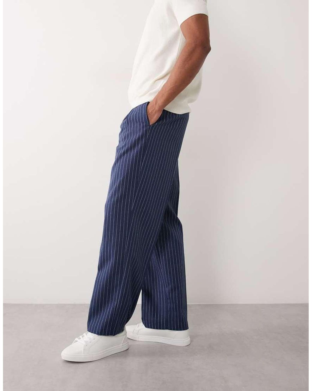 ASOS Blue Linen Blend Tailored Pleated Wide Leg Pants for men