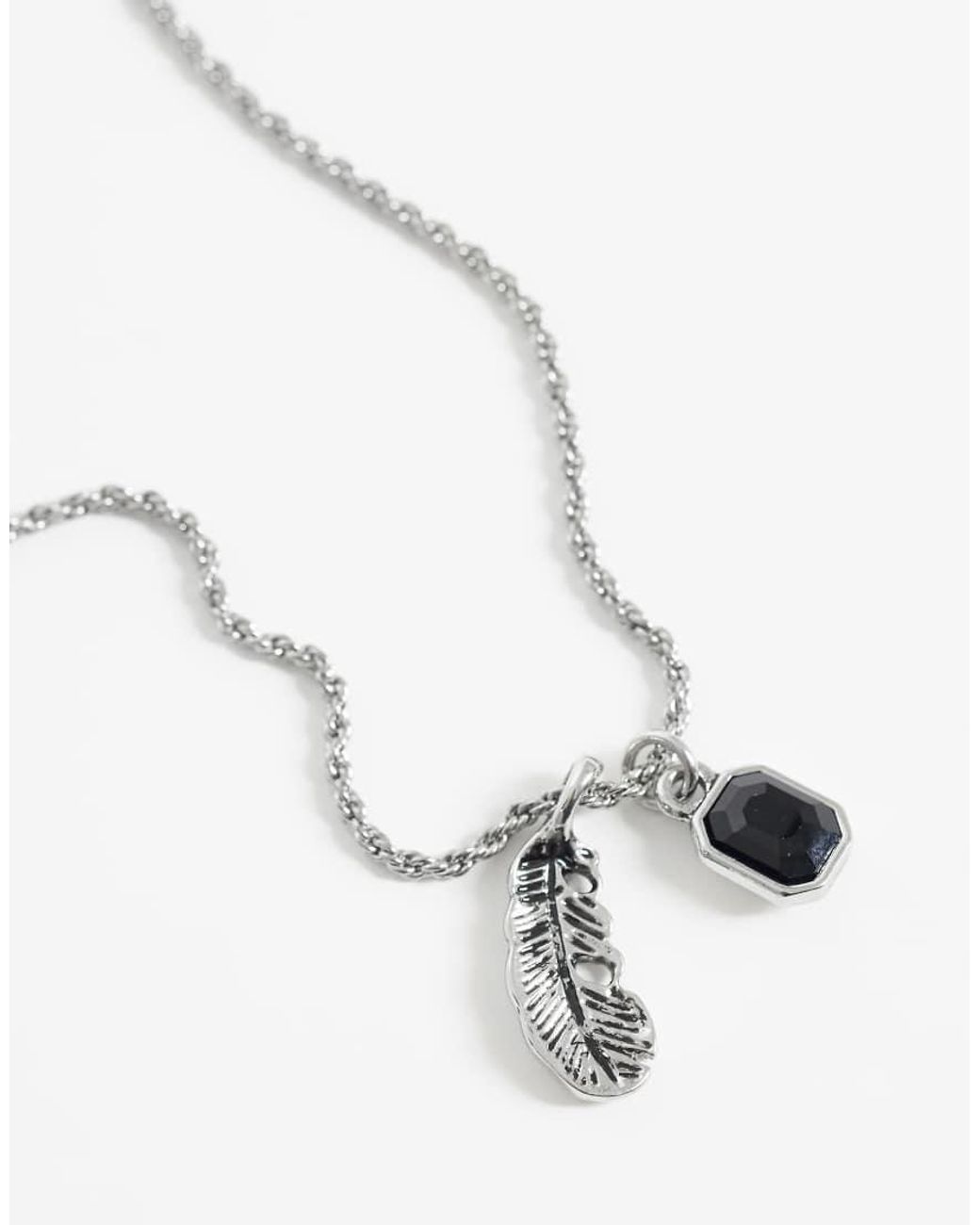 ASOS White Black Stone And Feather Pendant Necklace for men
