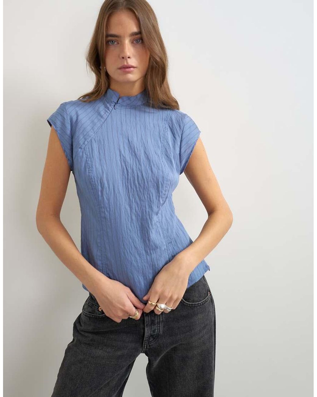 TOPSHOP Blue High Neck Zip Detail Top