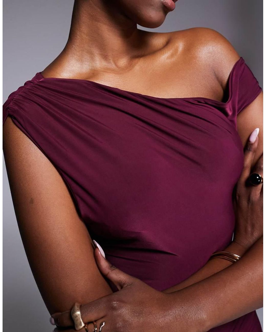 Kaiia Purple Exclusive Double Layered Slinky Off Shoulder Drape Detail Fitted Waist Mini Skater Dress