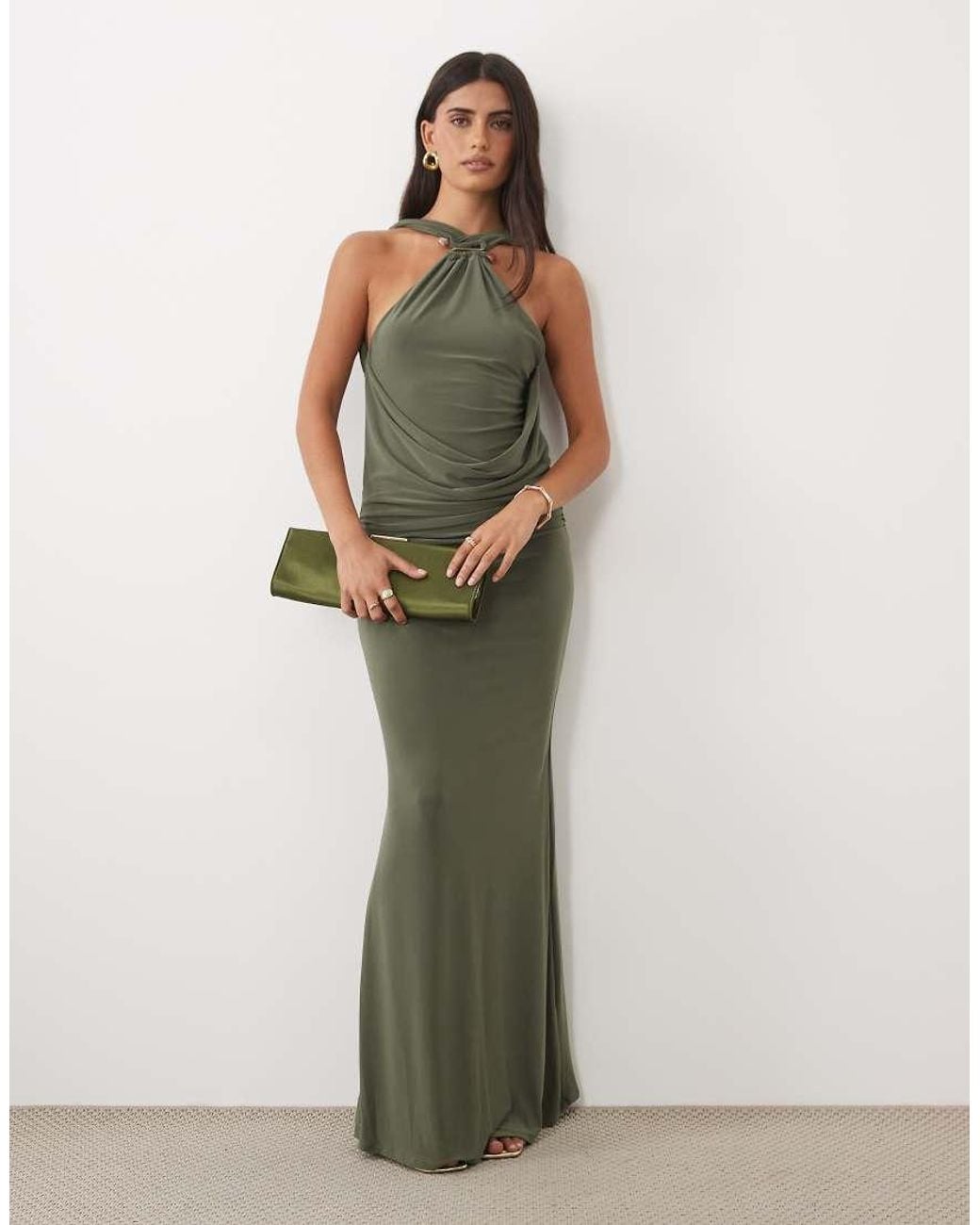 ASOS Green Sleeveless Cowl Front Maxi Dress With Trim Neck Detail