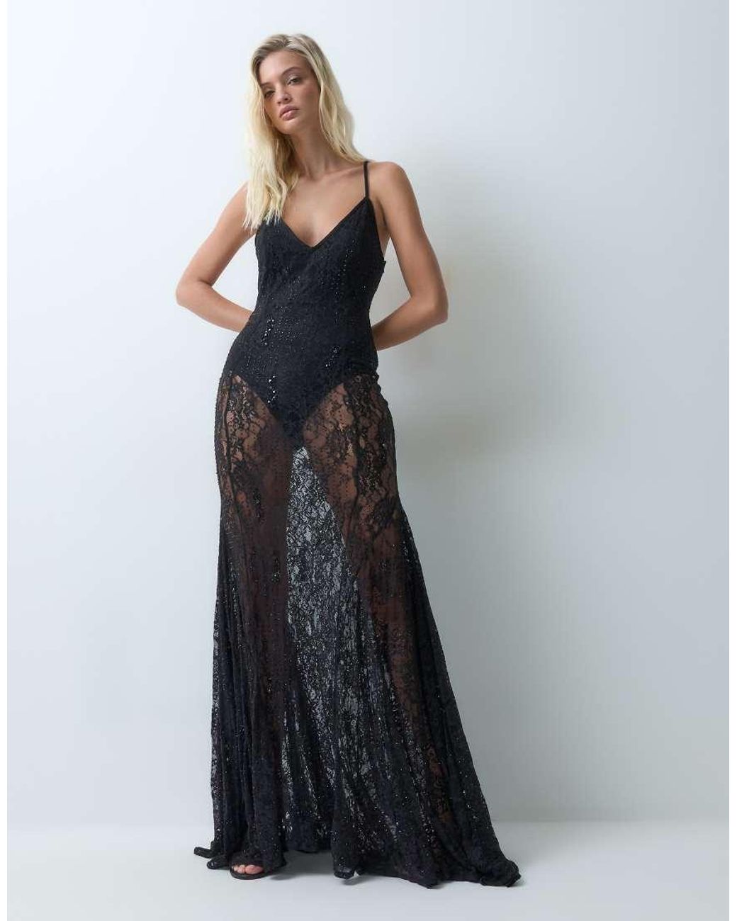 ASOS Blue Lace & Hotfix Plunge Neck Maxi Dress With Dropped Back