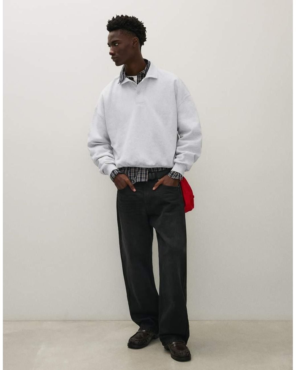 Bershka White Buttoned Polo Collar Sweatshirt for men