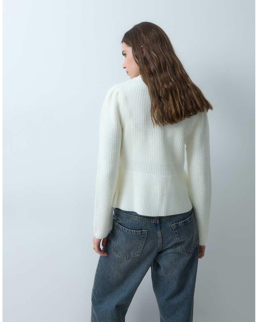 ASOS White Knitted Mandarin Detail Jumper With Peplum