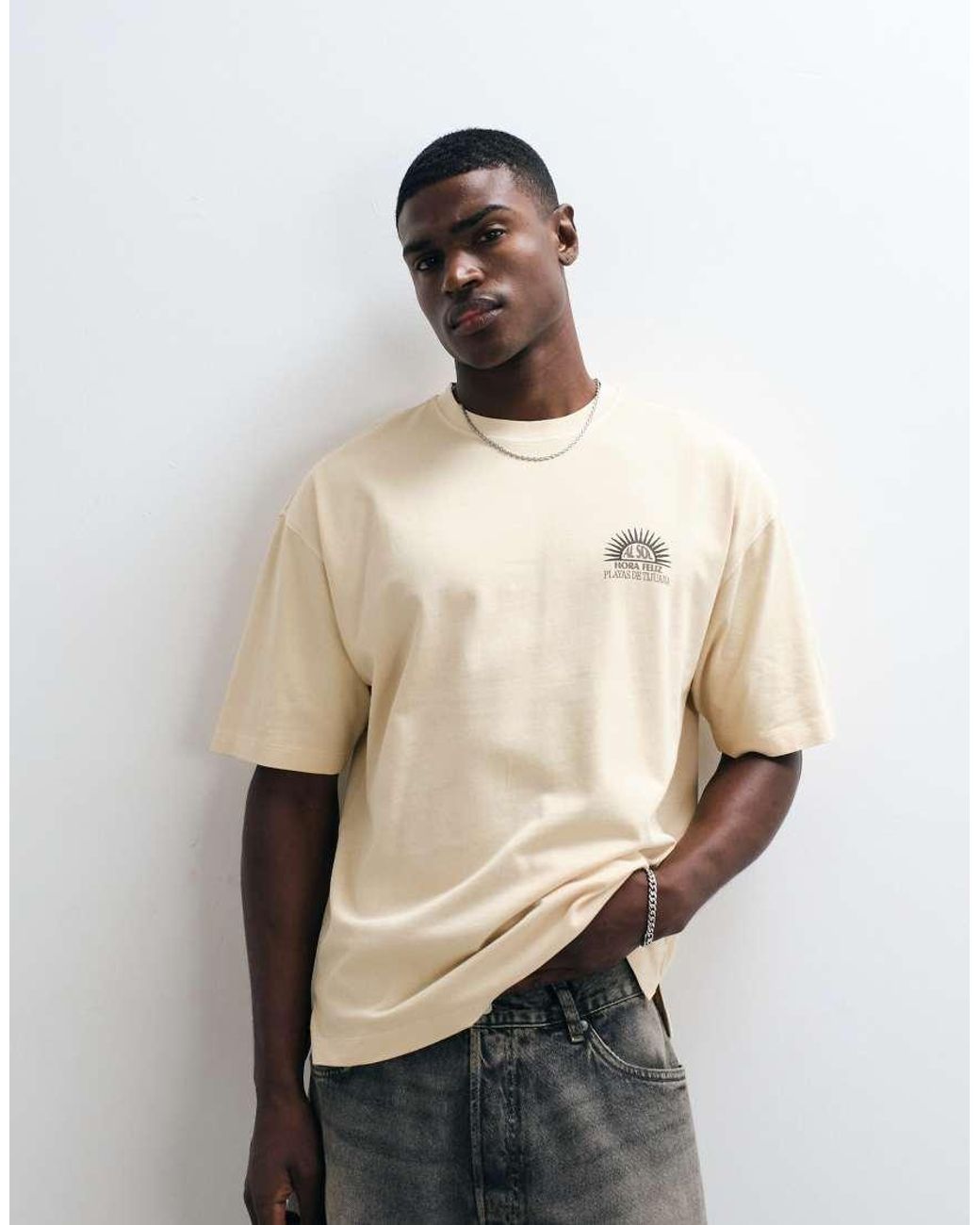 ASOS Natural Heavyweight Oversized T-shirt With Sun Graphic for men