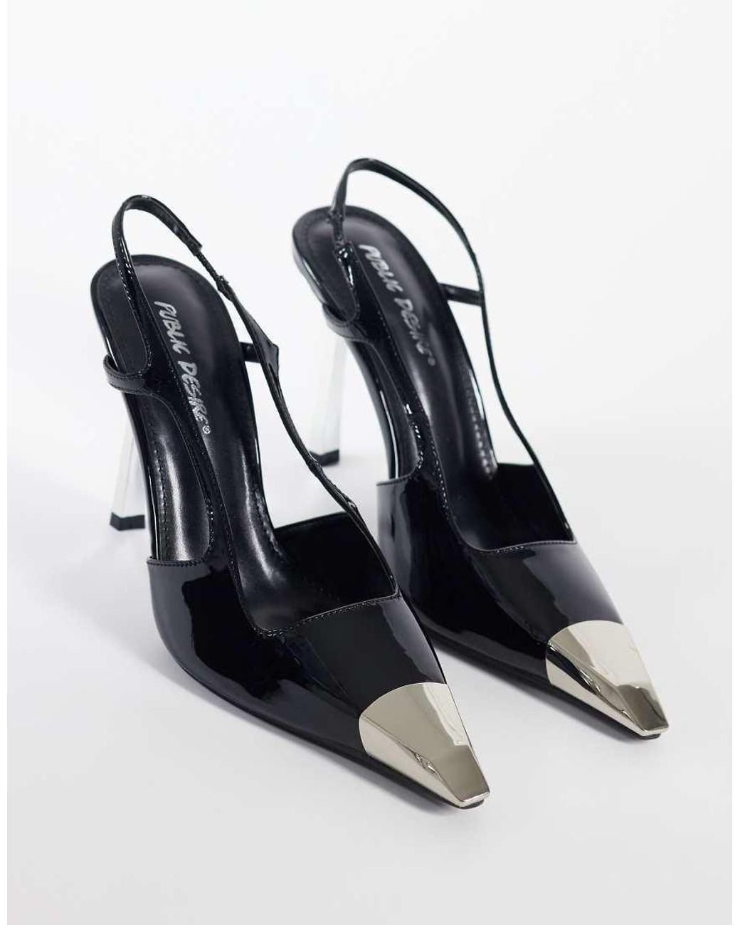 Public Desire Blue Edie Heeled Pumps With Gold-tone Toe Caps