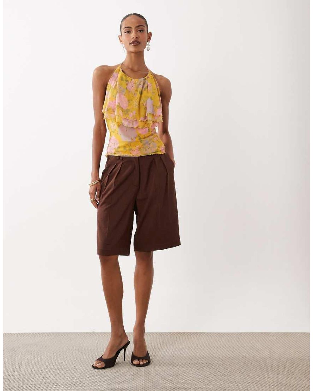 ASOS Brown Printed Mesh Ruffled Halter Neck Cami Top