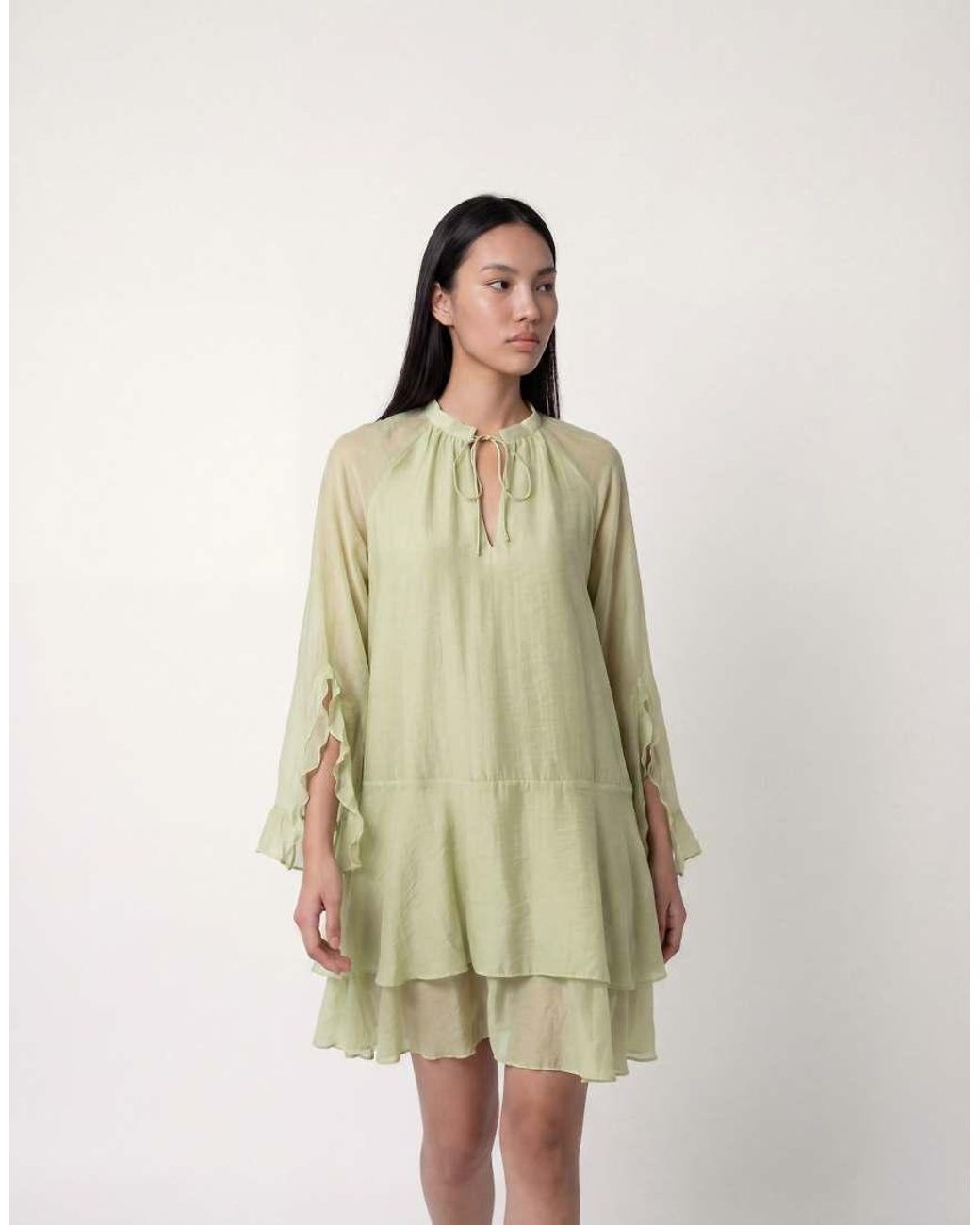 Y.A.S Natural Tie Front Long Sleeve Boho Mini Dress