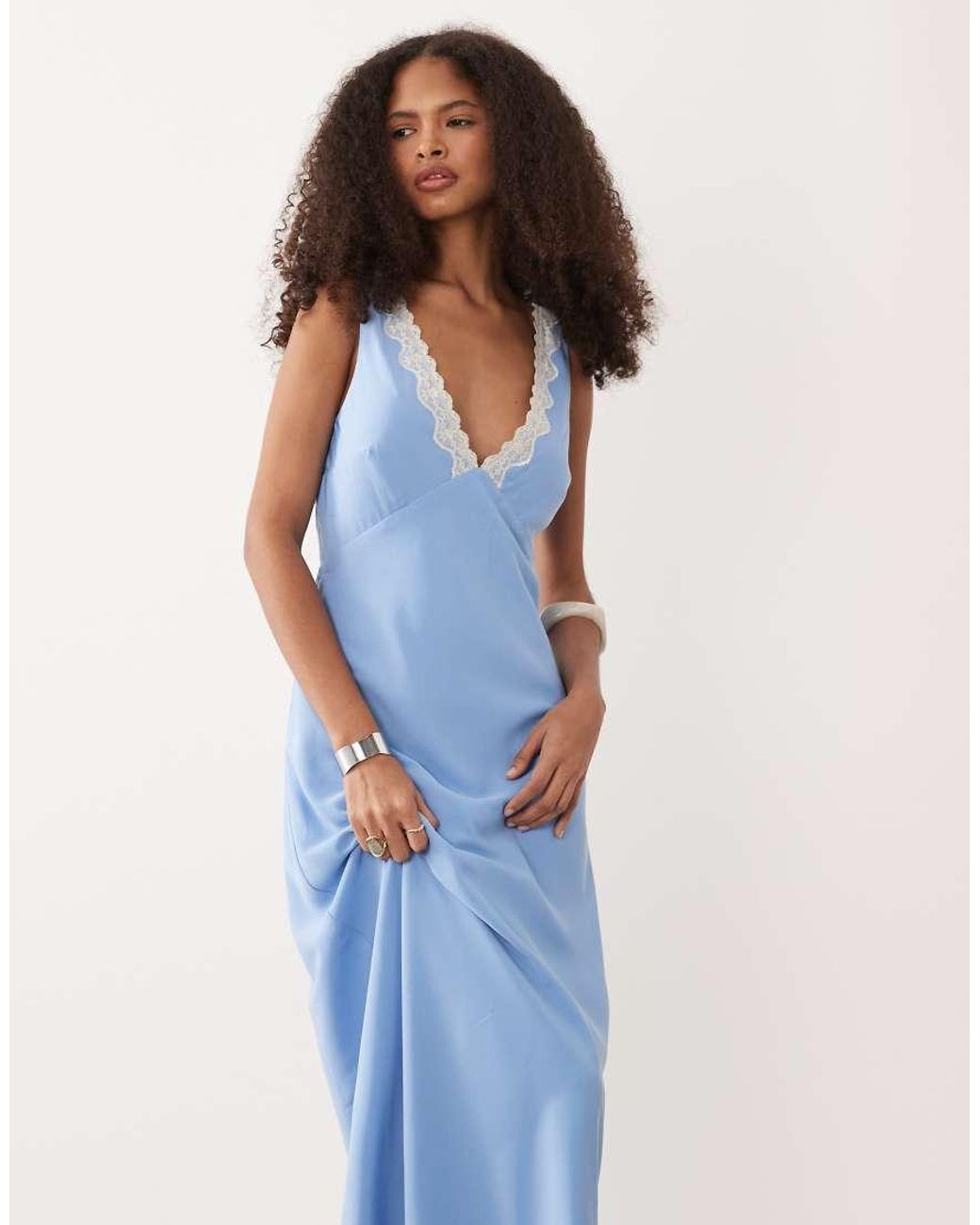 Abercrombie & Fitch Blue V Neck Slip Lace Trim Maxi Dress