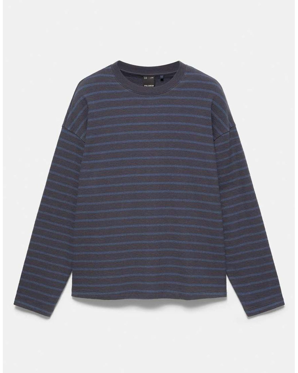 Pull&Bear Blue Long Sleeve Striped T-Shirt for men