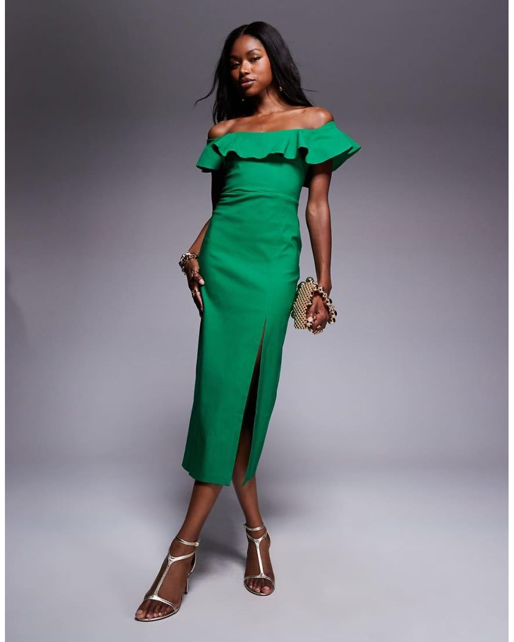 Vesper Green Bengaline Frill Bardot Side Split Midi Dress