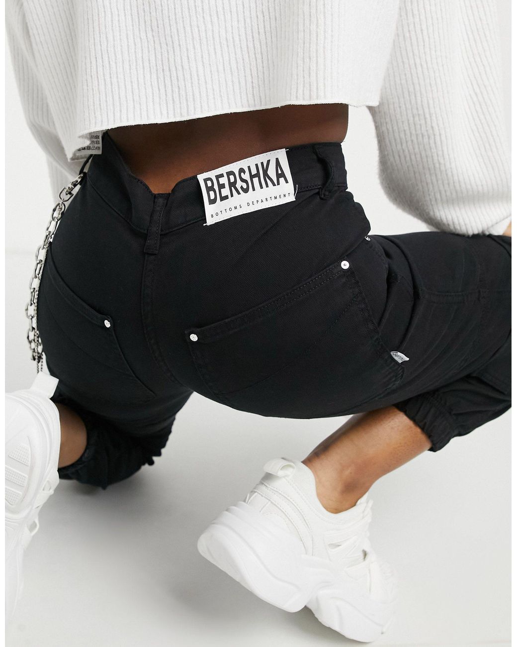 Bershka chain detail cuffed cargo trouser in black  ASOS