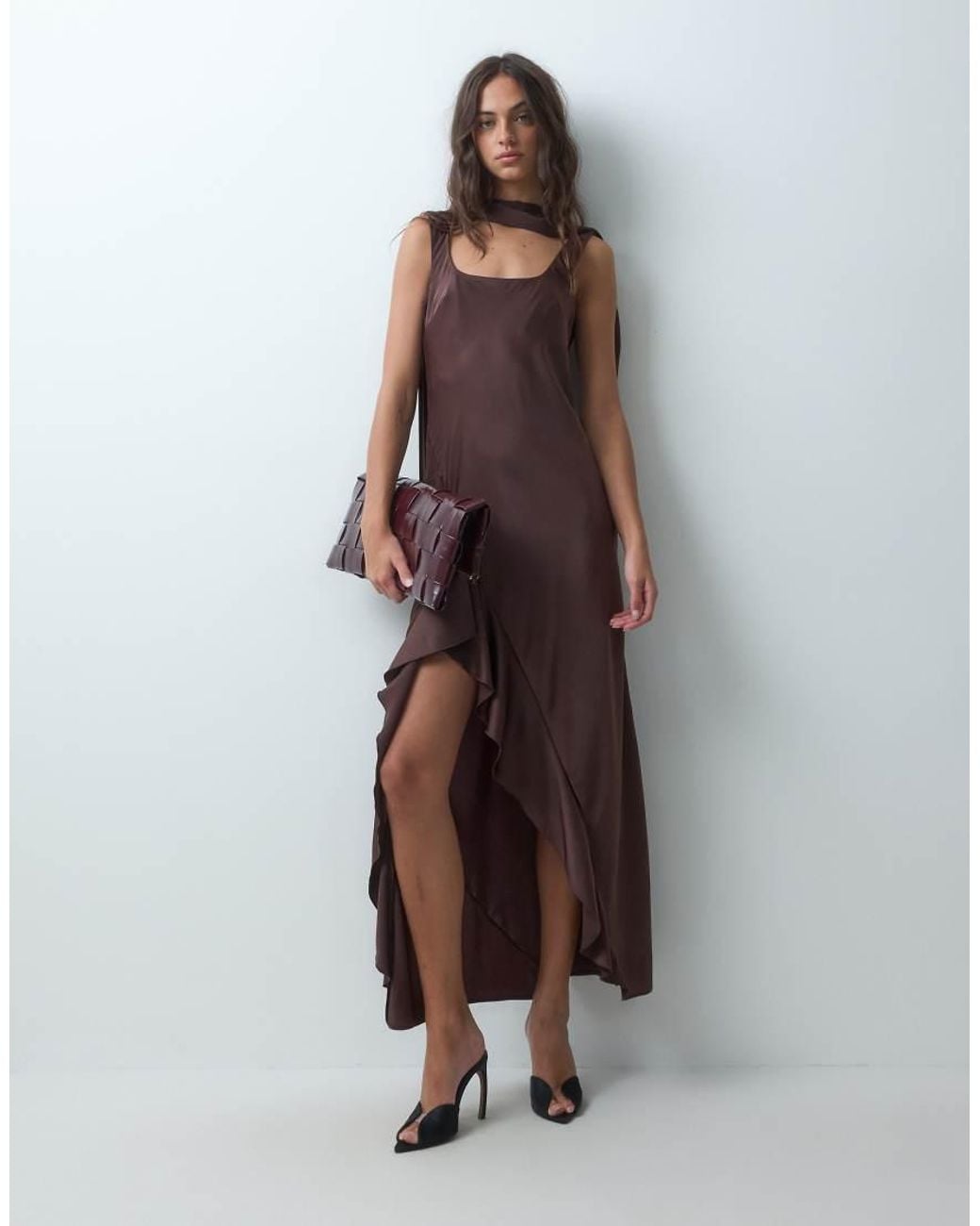 Miss Selfridge Brown Scarf Detail Ruffle Maxi Dress